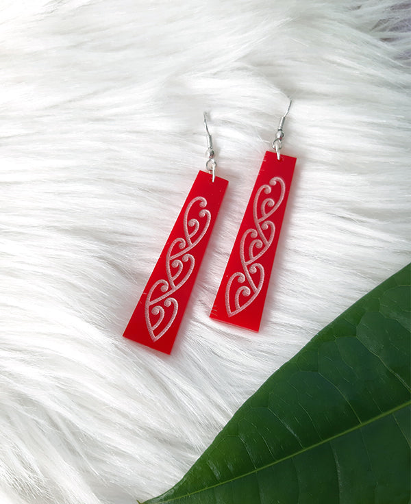 Red kowhaiwhai earrings by Mako Design