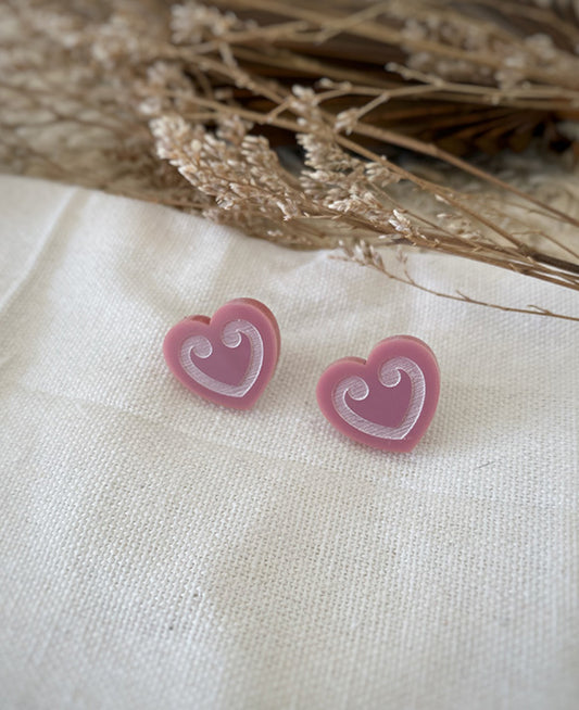 Maori manawa pink heart earrings