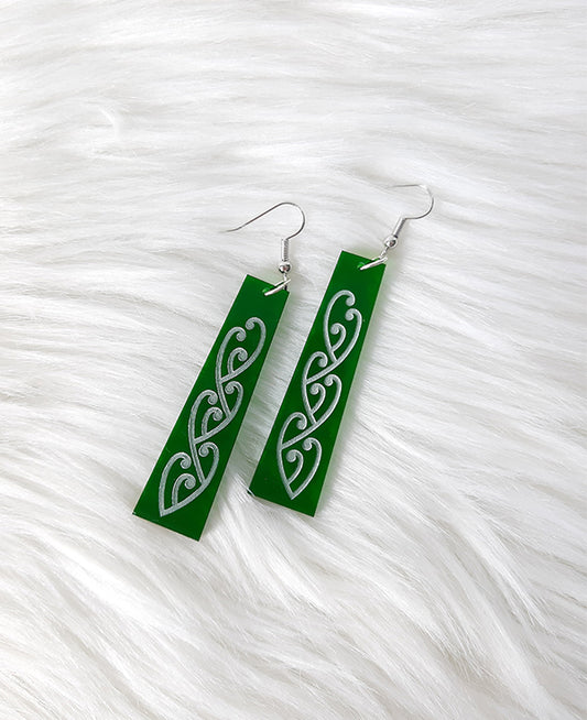 Green kowhaiwhai earrings by Mako Design
